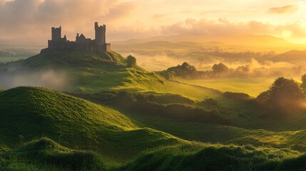 Obraz premium A serene landscape featuring a castle on rolling green hills, illuminated by a warm sunset, creating a magical, ethereal atmosphere.