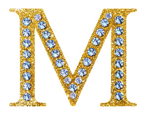 Letter M gold 3d and encrusted with diamonds m png clipart cutout transparent isolated