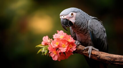 Obraz premium An exotic parrot perches gracefully on a branch surrounded by beautiful flowers, capturing the essence of nature's vibrancy and the wildlife's captivating beauty.