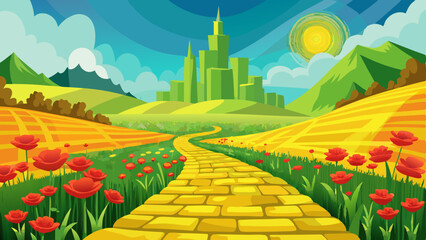 Yellow brick road leading through poppy field to green emerald city in the distance. Wizard of Oz concept.  © ehsanollah