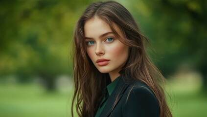 Naklejka premium Portrait of a Young Woman with Long Brown Hair and Blue Eyes in a Green Park