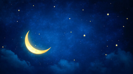 Obraz na płótnie Canvas magical night sky illustration with a glowing crescent moon and twinkling stars. illustration provides copy space for text or design. dreamy celestial scene is perfect for children’s wallpapers