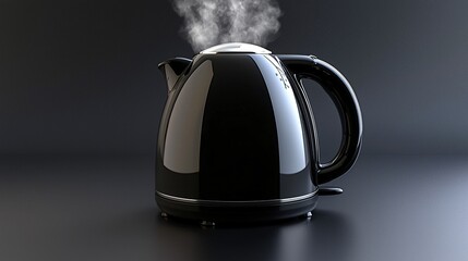 Steaming black kettle on dark background, kitchen appliance