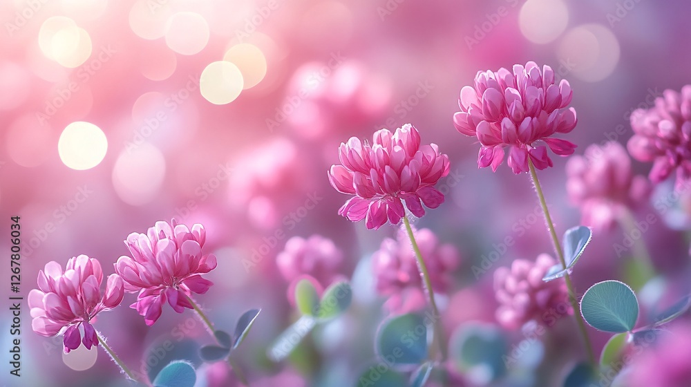 Poster a soft-focus image showcasing clusters of pink flowers against a dreamy, blurred background with hin