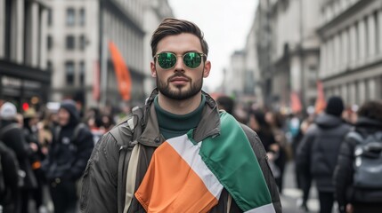 Urban eye-level carnival celebrating community spirit in an irish culture march