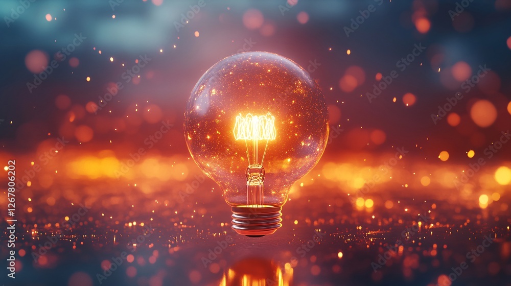 Aufkleber a glowing light bulb illuminates a misty background, surrounded by shimmering particles, creating a 