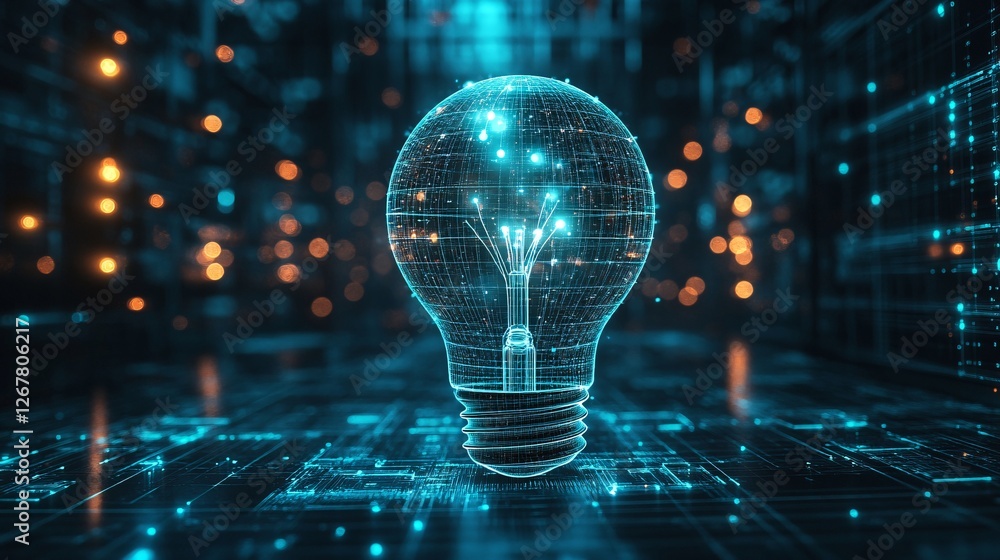 Aufkleber a glowing digital light bulb in a futuristic environment, symbolizing innovation and technology, sur