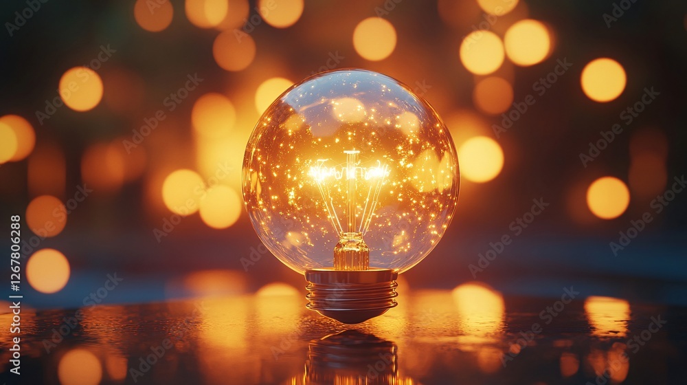 Aufkleber a glowing light bulb sits elegantly, surrounded by a soft, warm bokeh background, creating a magical