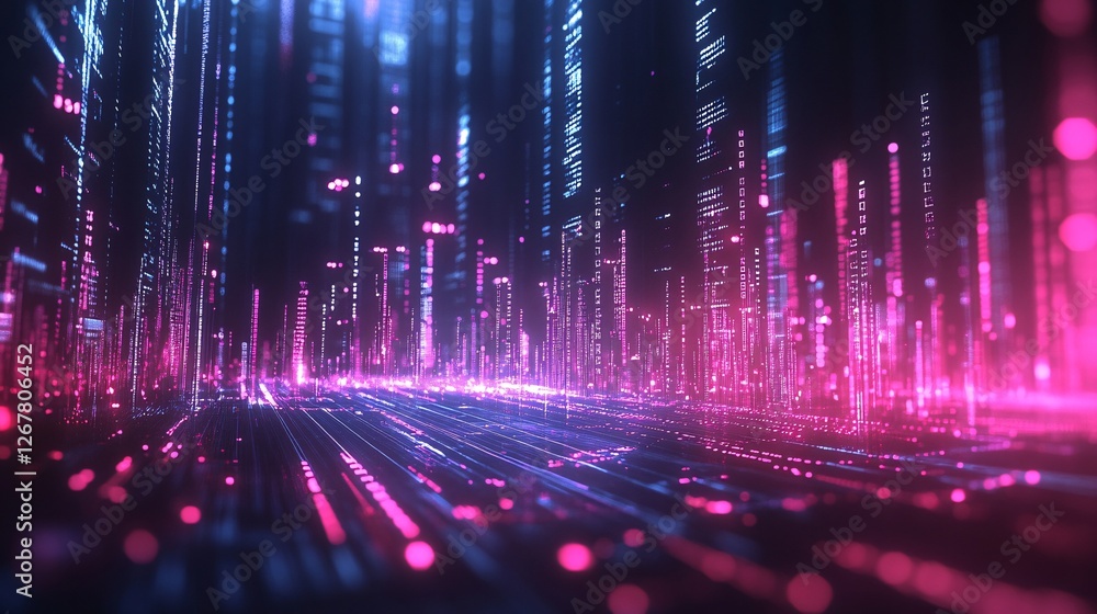 Poster a vibrant digital landscape with glowing pink and blue lines representing data flow and technologica