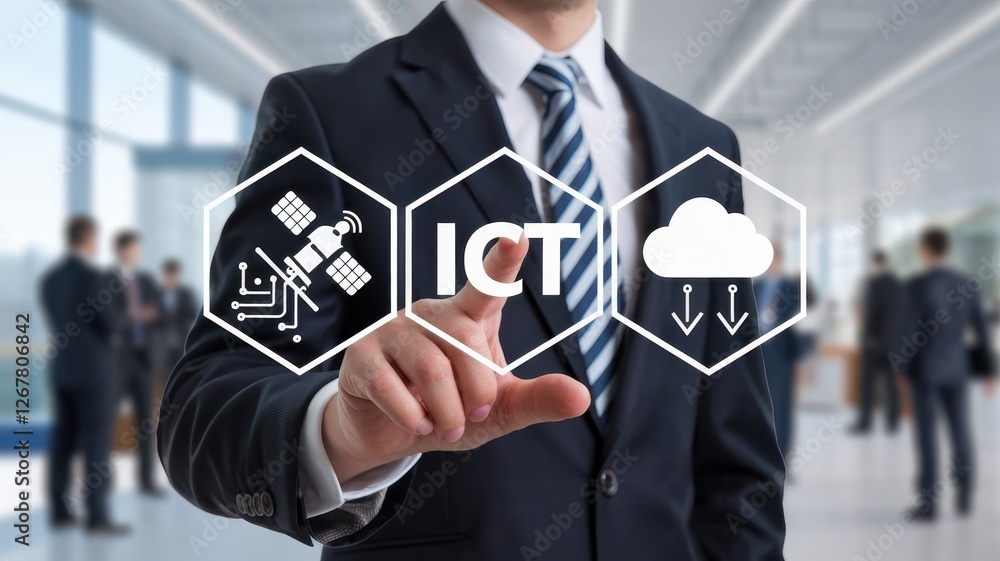 Poster businessman interacts with information and communications technology interface elements