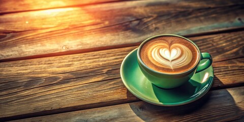 A cup of coffee with latte art in the shape of a heart, resting on a green saucer, on a wooden table with warm sunlight filtering through the wood.