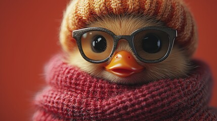 Obraz premium A cute chick wearing glasses and a knitted hat, wrapped in a scarf.