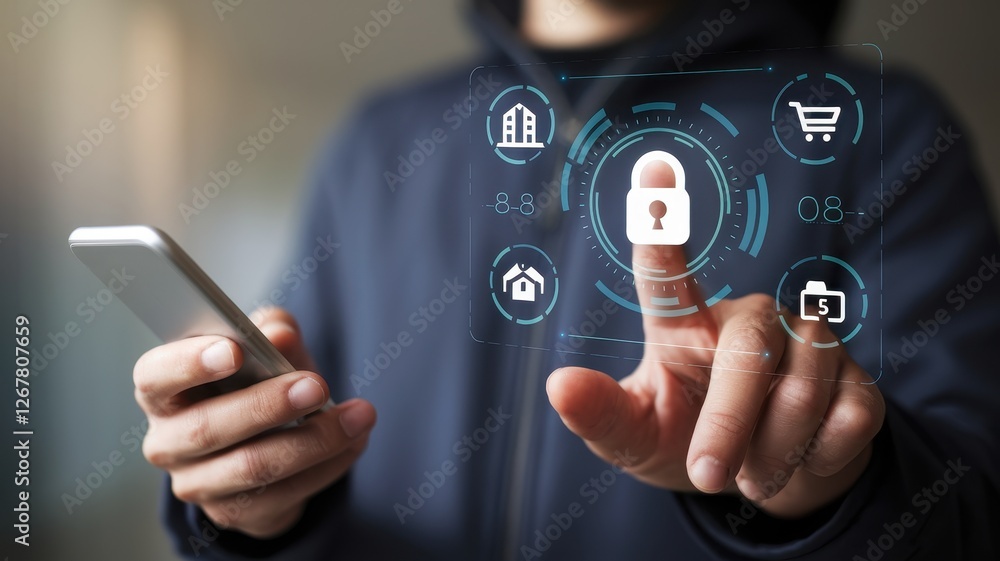 Poster person using smartphone with digital security interface overlayed