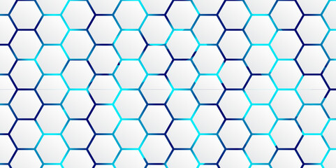 Abstract Hexagon white background. blue light and shadow. Abstract background design with white hexagon and blue light. Abstract. Hexagon. Vector.	