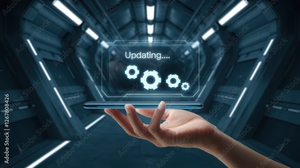 Poster mobile phone displaying updating message held by human hand
