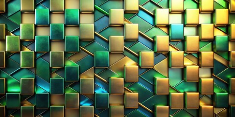 A Geometric Pattern of Interlocking Metallic Cubes with a Gradient of Green and Gold Tones