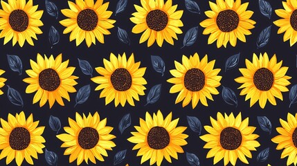 Sunflower pattern, dark background, floral design, textile print