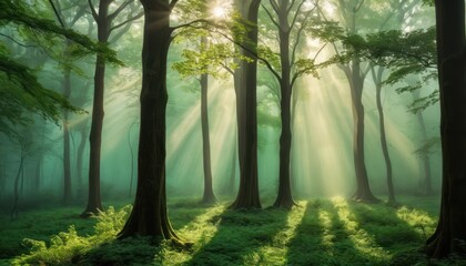 Misty morning sunlight filters through green forest trees