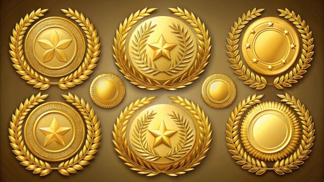 A collection of golden laurel wreaths with various circular medallions featuring stars, flowers and blank spaces for customization.