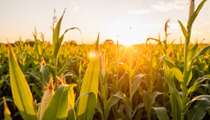 Fototapeta premium Golden hour light illuminating corn stalks in small field, harvest season