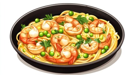 Shrimp pasta in pan, delicious food, appetizing meal, ready to eat