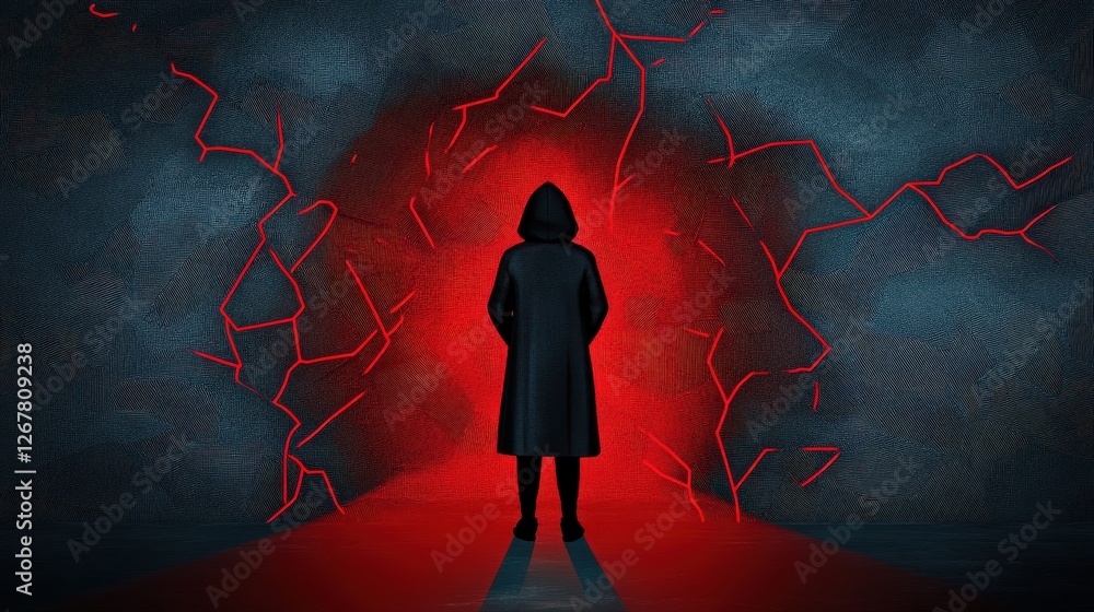 Poster mysterious figure stands before a red portal surrounded by dark patterns