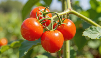 Vibrant cherry tomatoes growing in sunny garden, organic gardening