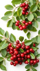 Softly falling cranberry berries amidst lush green leaves on a pristine white background, berries, fall leaves