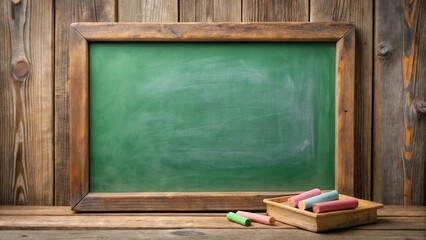 A Vintage Green Chalkboard with Wooden Frame Against Rustic Wooden Plank Background and Colorful Chalk Sticks on a Wooden Tray