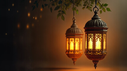 Obraz premium A golden ambience lantern related ramadan kareem,beautiful warm light ramadan festival.shining eid or ramadan lantern.