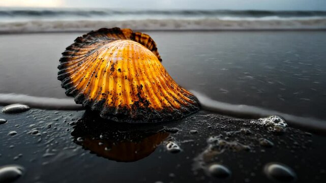 Scallop Shell Covered in Crude Oil Highlighting Fossil Fuel Industry Damage