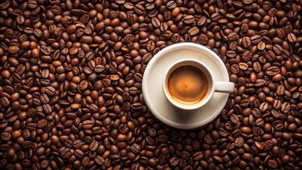 Fototapeta premium A single espresso cup resting on a saucer, surrounded by a sea of roasted coffee beans, offering a visual representation of the journey from bean to brew.
