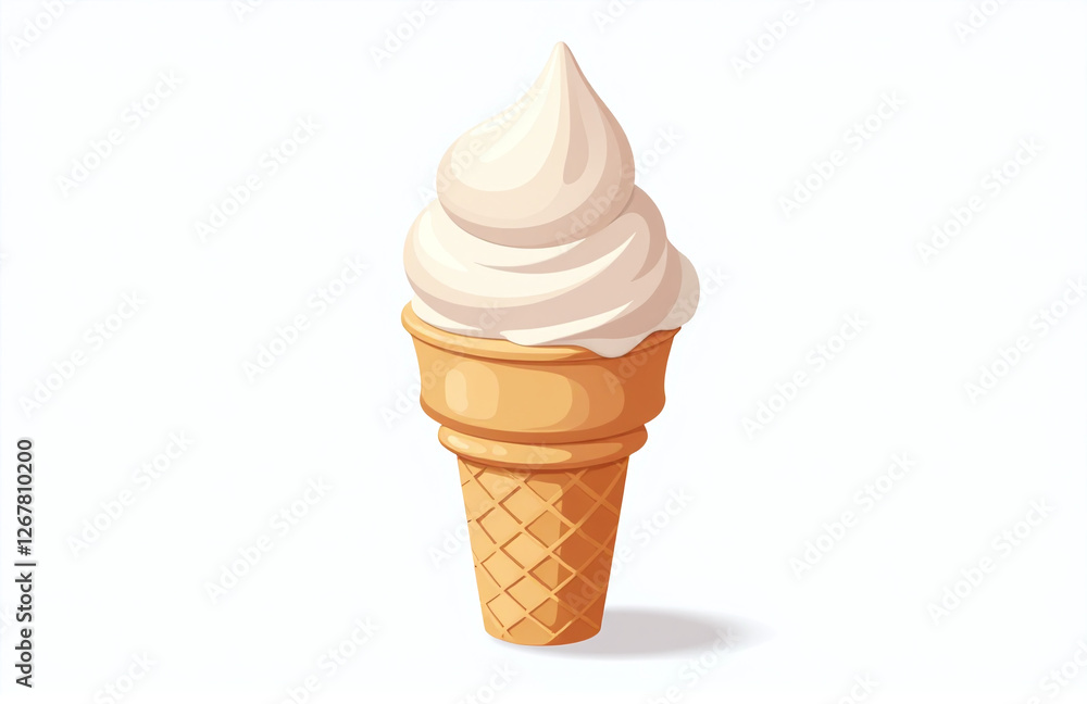 Poster a photo of an ice cream scoop sitting on a waffle cone against a plain white background as a png ima