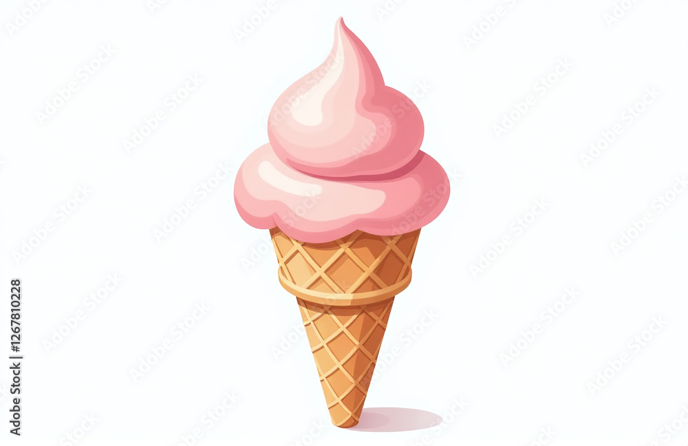 Poster a photo of an ice cream scoop sitting on a waffle cone against a plain white background as a png ima
