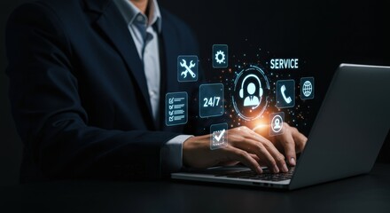A businessman in a dark suit is using a laptop, interacting with a futuristic holographic interface displaying multiple digital service icons. The floating icons include a wrench and screwdriver (tech
