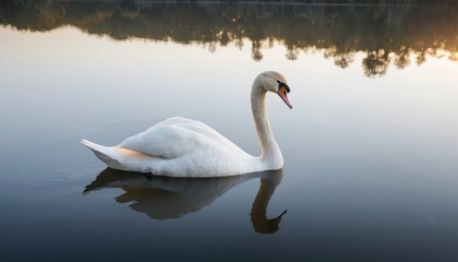 Fototapeta premium Graceful white swans swim in the lake, their feathers reflecting nature's beauty