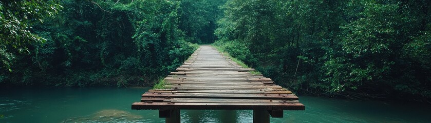 Obraz premium A serene wooden bridge in lush green nature by a tranquil river.