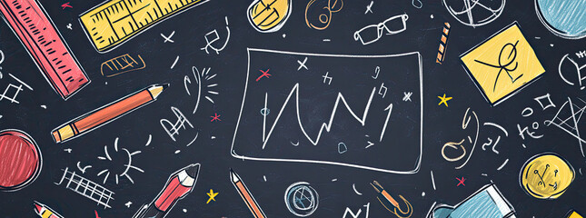 A colorful arrangement of school supplies and scientific symbols on a dark background.