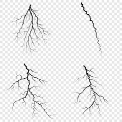 Lightning. Thunder storm realistic lightning. Bright light effects. Lightning bolt set Magic and bright light effects. Set of thunder and lightnings. Lightning energy discharge effect isolated.