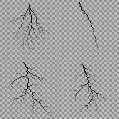 Lightning. Thunder storm realistic lightning. Bright light effects. Lightning bolt set Magic and bright light effects. Set of thunder and lightnings. Lightning energy discharge effect isolated.