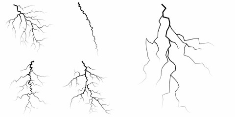 Lightning. Thunder storm realistic lightning. Bright light effects. Lightning bolt set Magic and bright light effects. Set of thunder and lightnings. Lightning energy discharge effect isolated.