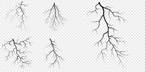 Lightning. Thunder storm realistic lightning. Bright light effects. Lightning bolt set Magic and bright light effects. Set of thunder and lightnings. Lightning energy discharge effect isolated.
