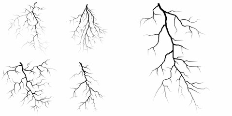 Lightning. Thunder storm realistic lightning. Bright light effects. Lightning bolt set Magic and bright light effects. Set of thunder and lightnings. Lightning energy discharge effect isolated.