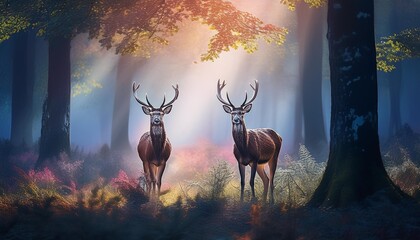2 deer in the forest walking
