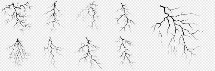 Obraz premium Lightning. Thunder storm realistic lightning. Bright light effects. Lightning bolt set Magic and bright light effects. Set of thunder and lightnings. Lightning energy discharge effect isolated.