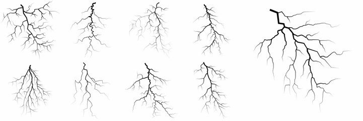 Lightning. Thunder storm realistic lightning. Bright light effects. Lightning bolt set Magic and bright light effects. Set of thunder and lightnings. Lightning energy discharge effect isolated.