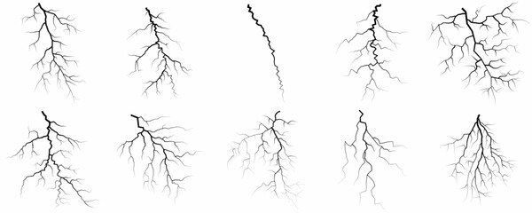 Obraz premium Lightning. Thunder storm realistic lightning. Bright light effects. Lightning bolt set Magic and bright light effects. Set of thunder and lightnings. Lightning energy discharge effect isolated.