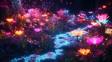 Magical artificial garden with luminous pathways and neon floral beauty high resolution wallpaper