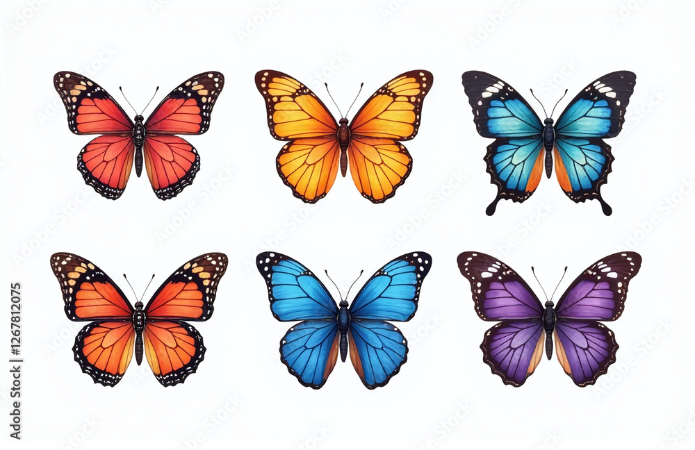 Poster a set of colorful butterflies is isolated against a clean white background showcasing their natural 