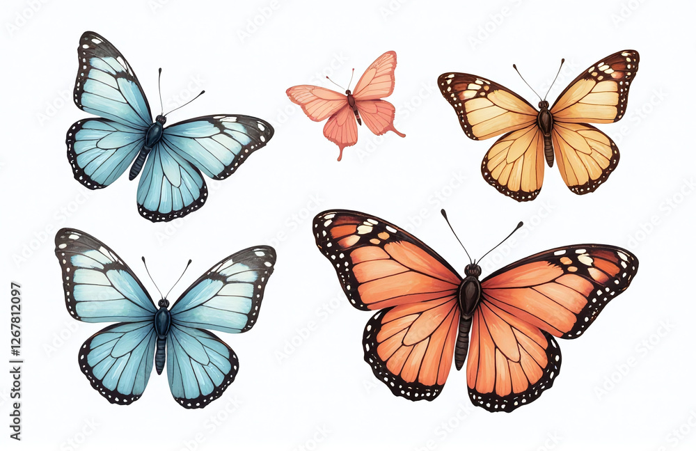 Poster a set of colorful butterflies is isolated against a clean white background showcasing their natural 